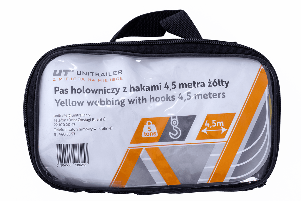 UNITRAILER sleepkabel met haken sleepband 4,5 m/50 mm/5 ton geel