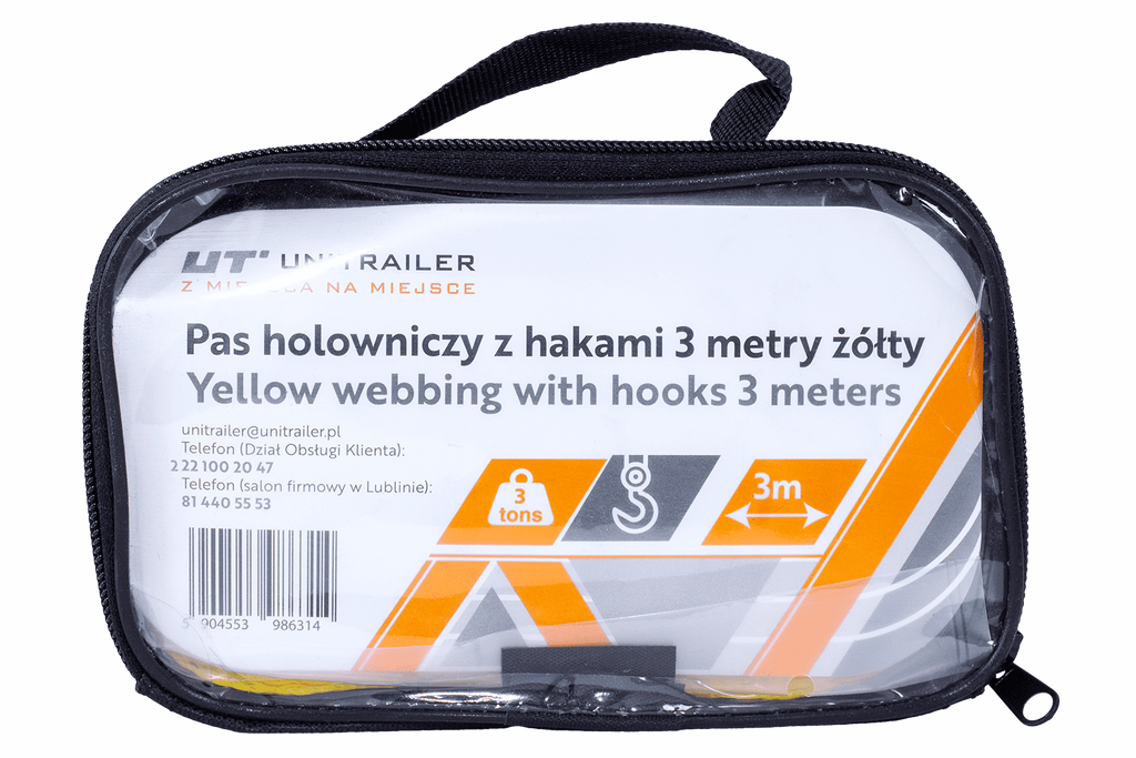 UNITRAILER sleepkabel met haken sleepband 3m/50mm/3t geel