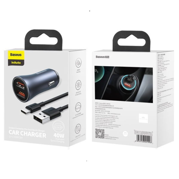 Chargeur de voiture BASEUS Golden Pro 2xUSB 40W + câble USB