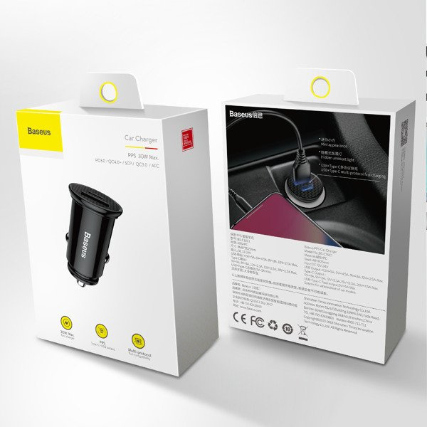 BASEUS Ronde plastic USB-A, USB-C 30W autolader