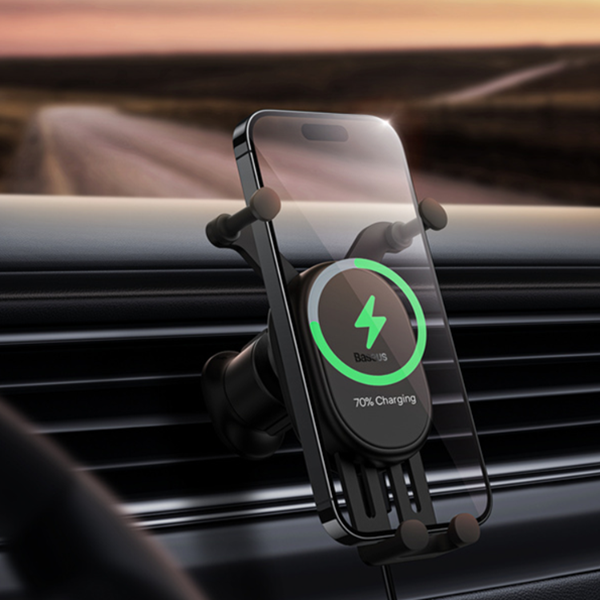 Support de téléphone de voiture BASEUS Stable Gravitional avec charge sans fil Qi 15W pour grille d'aération