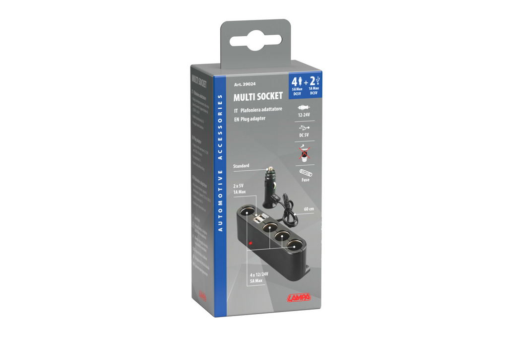 Sigarettenaansteker-aansluiting splitter LAMP Multi-Socket 4x 12/24V + 2x USB