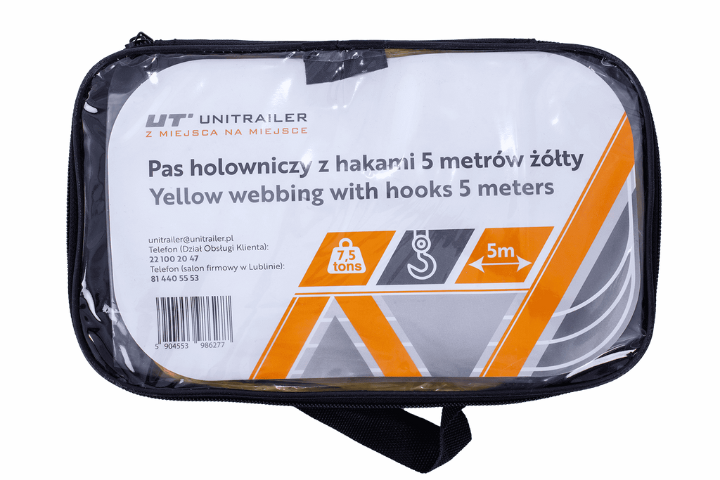 UNITRAILER sleepkabel met haken sleepband 5m/50mm/7,5t geel