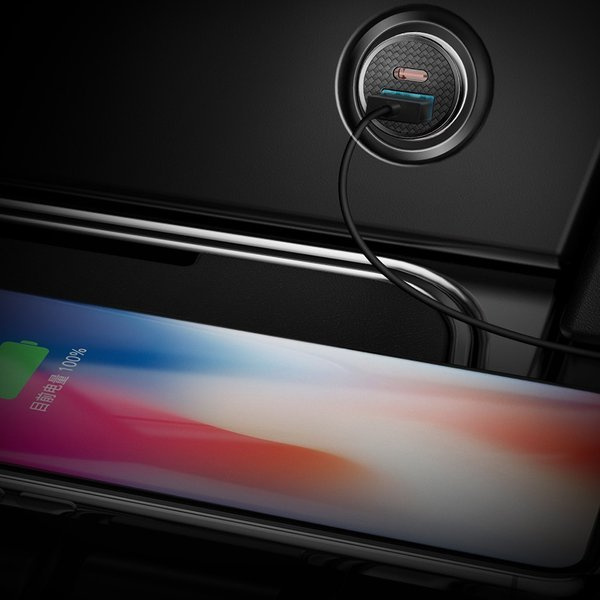 BASEUS Ronde plastic USB-A, USB-C 30W autolader